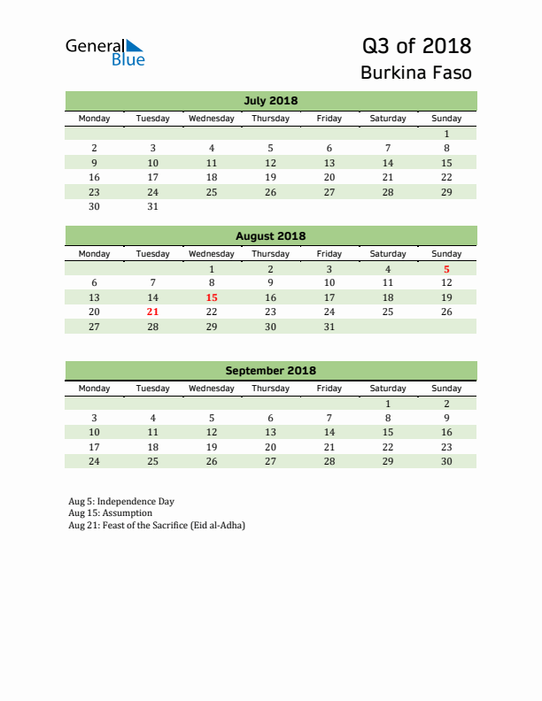 Quarterly Calendar 2018 with Burkina Faso Holidays