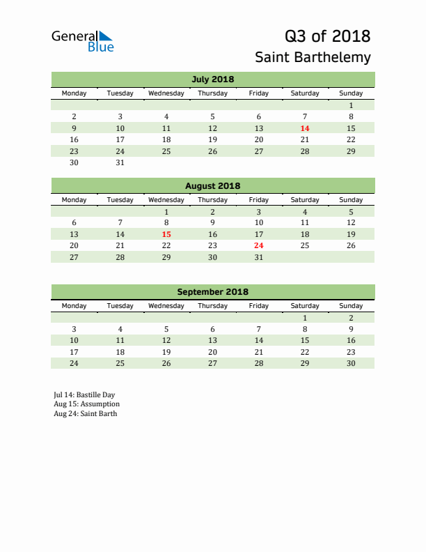 Quarterly Calendar 2018 with Saint Barthelemy Holidays