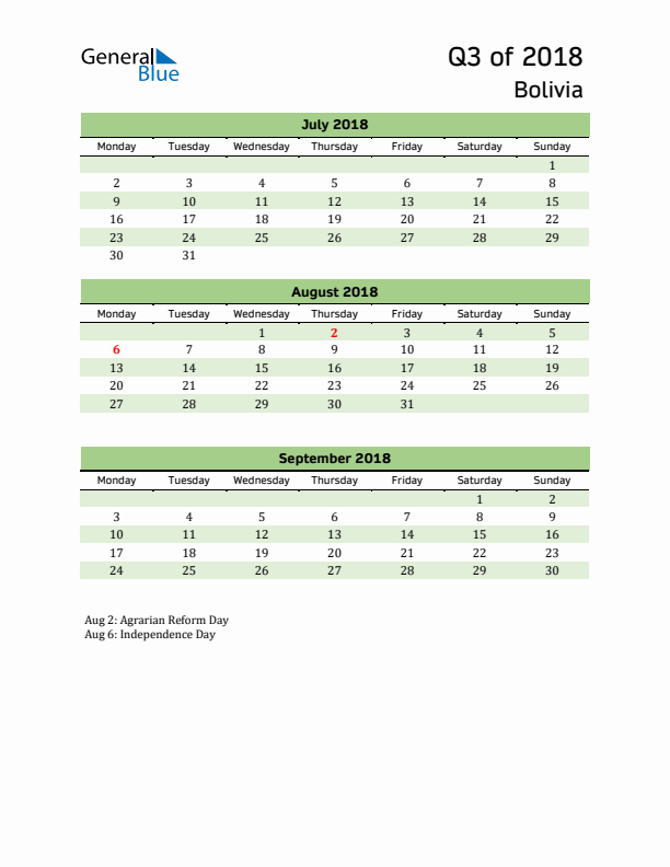 Quarterly Calendar 2018 with Bolivia Holidays