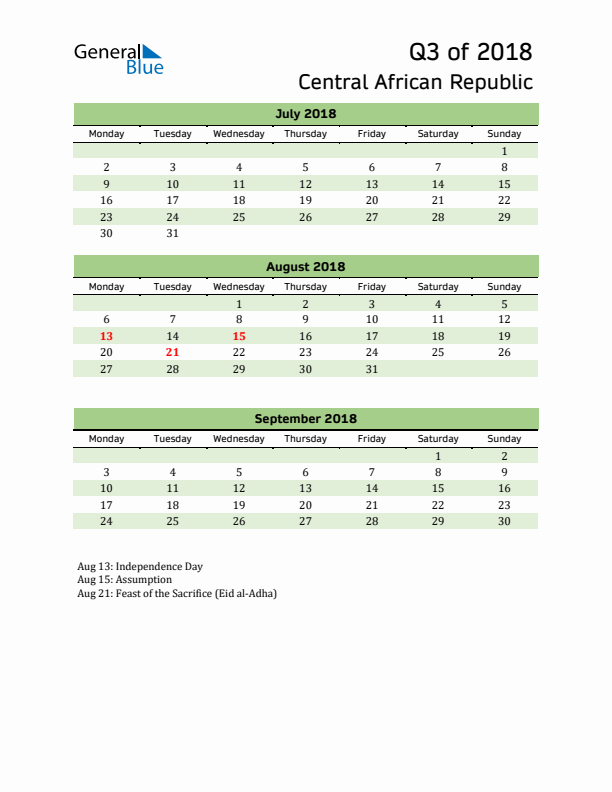 Quarterly Calendar 2018 with Central African Republic Holidays