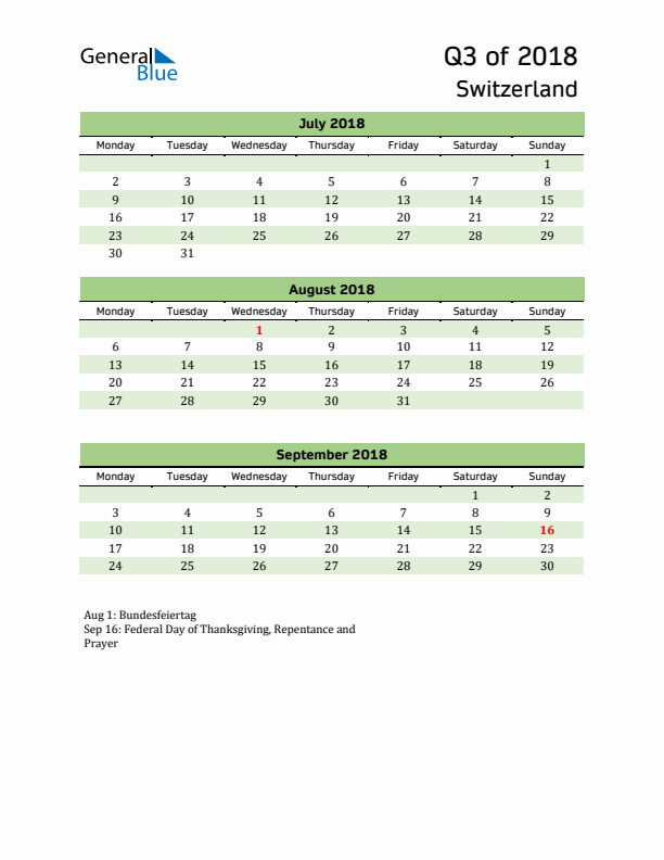 Quarterly Calendar 2018 with Switzerland Holidays