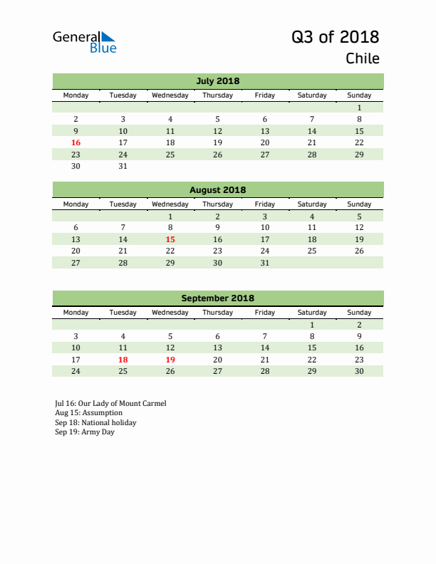 Quarterly Calendar 2018 with Chile Holidays