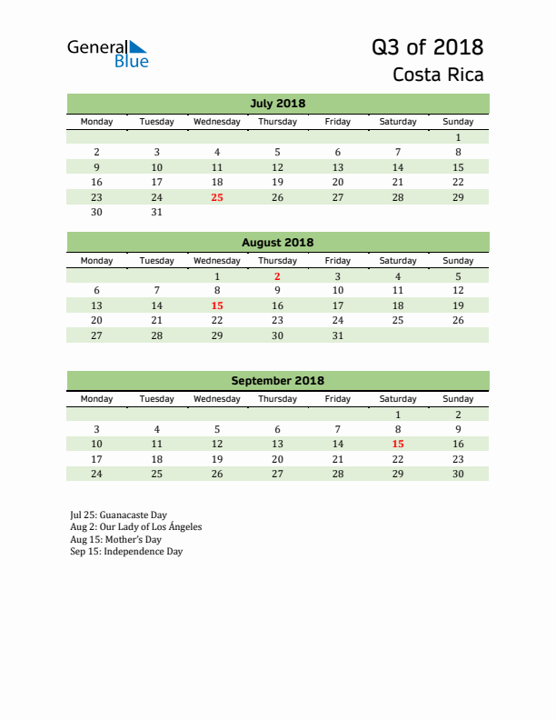 Quarterly Calendar 2018 with Costa Rica Holidays