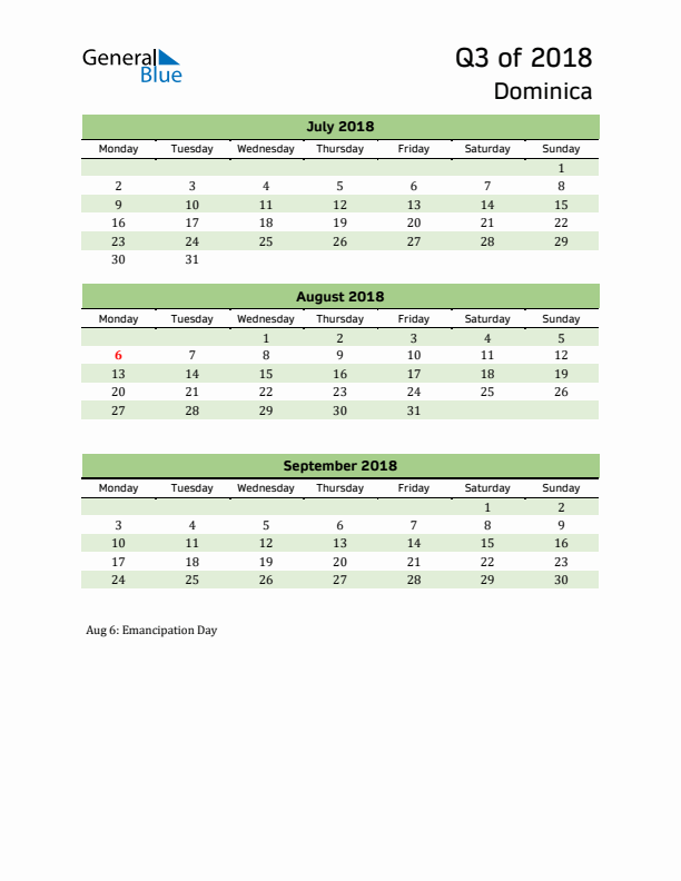 Quarterly Calendar 2018 with Dominica Holidays