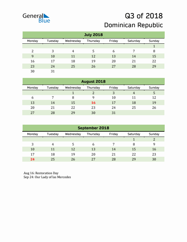 Quarterly Calendar 2018 with Dominican Republic Holidays