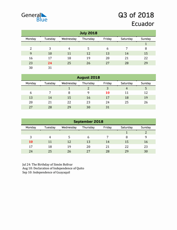 Quarterly Calendar 2018 with Ecuador Holidays