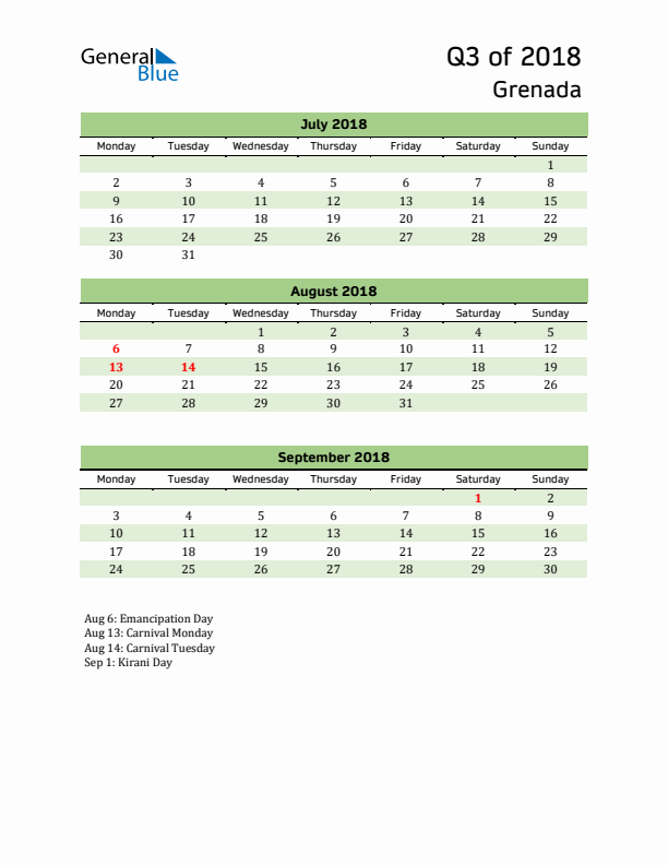 Quarterly Calendar 2018 with Grenada Holidays