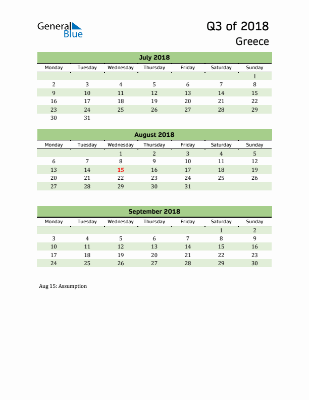 Quarterly Calendar 2018 with Greece Holidays