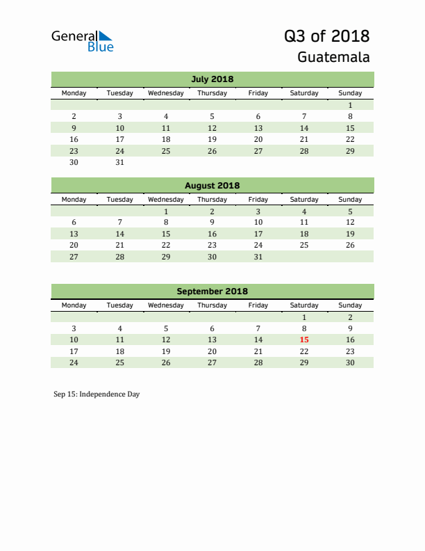 Quarterly Calendar 2018 with Guatemala Holidays