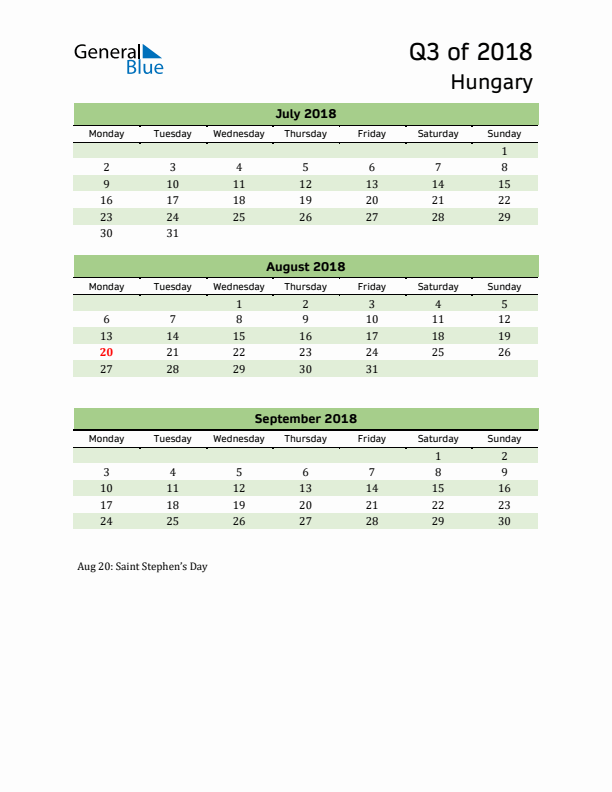 Quarterly Calendar 2018 with Hungary Holidays