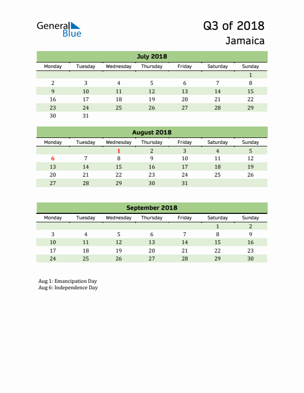 Quarterly Calendar 2018 with Jamaica Holidays