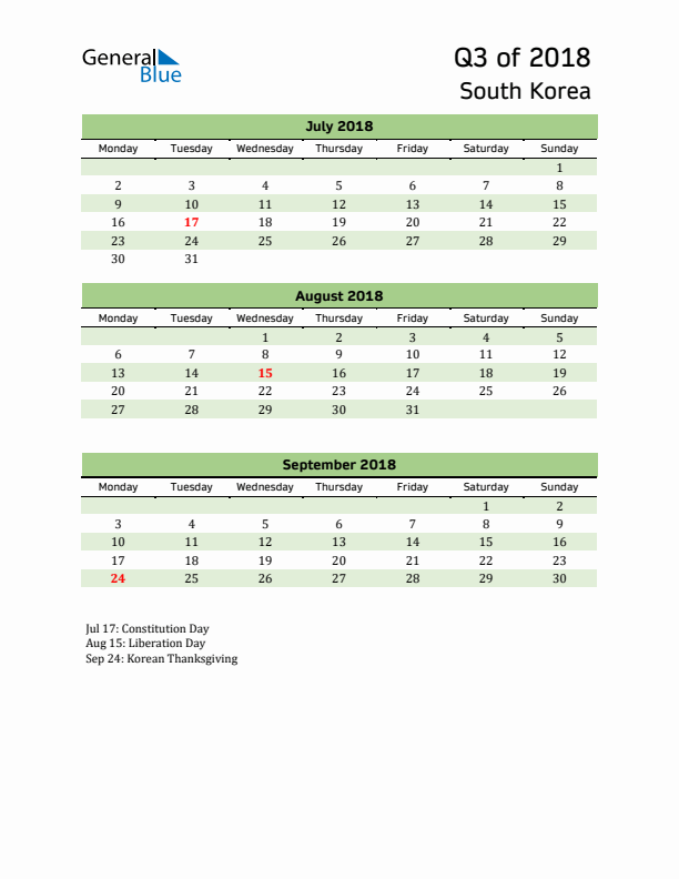 Quarterly Calendar 2018 with South Korea Holidays