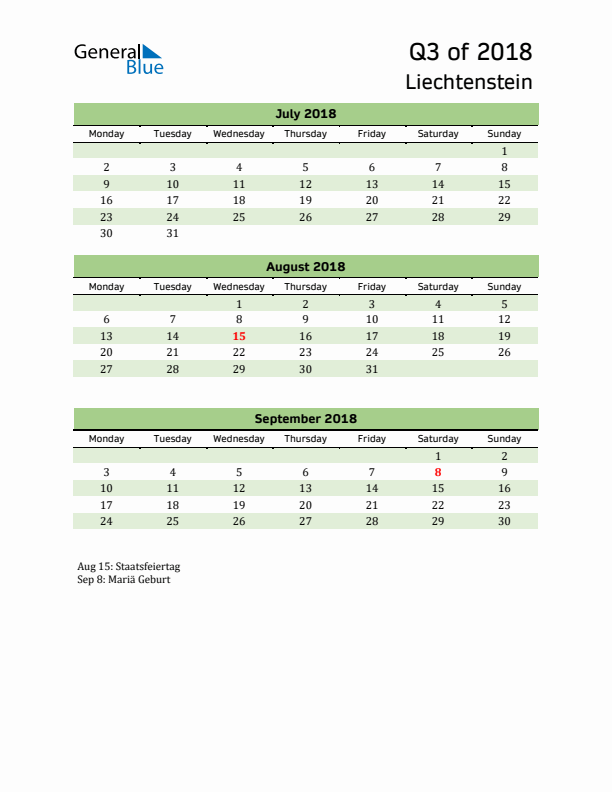 Quarterly Calendar 2018 with Liechtenstein Holidays