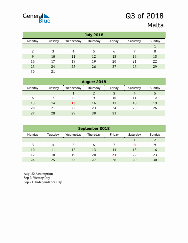 Quarterly Calendar 2018 with Malta Holidays