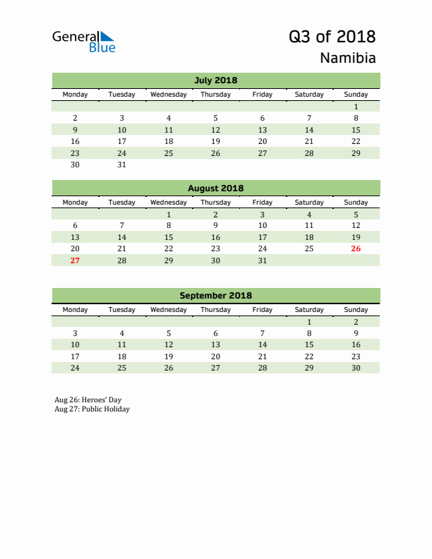 Quarterly Calendar 2018 with Namibia Holidays