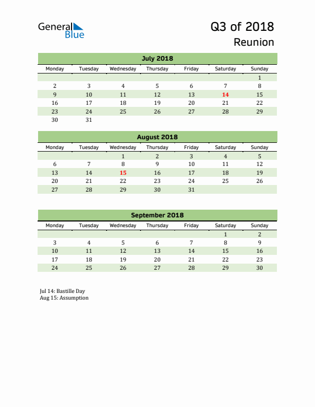 Quarterly Calendar 2018 with Reunion Holidays