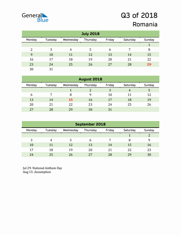 Quarterly Calendar 2018 with Romania Holidays
