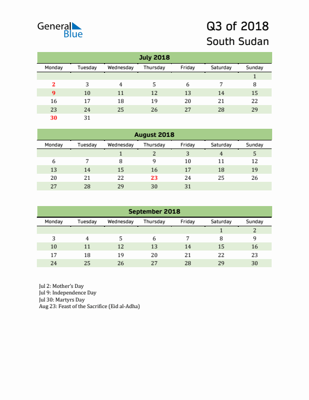Quarterly Calendar 2018 with South Sudan Holidays