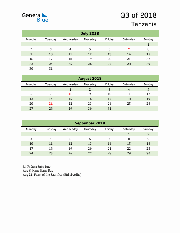 Quarterly Calendar 2018 with Tanzania Holidays