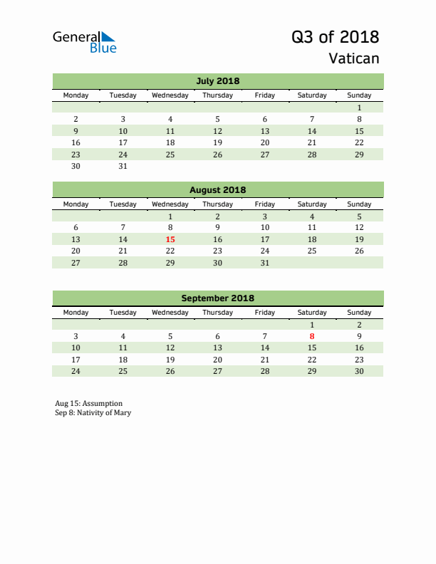 Quarterly Calendar 2018 with Vatican Holidays