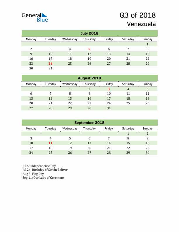 Quarterly Calendar 2018 with Venezuela Holidays