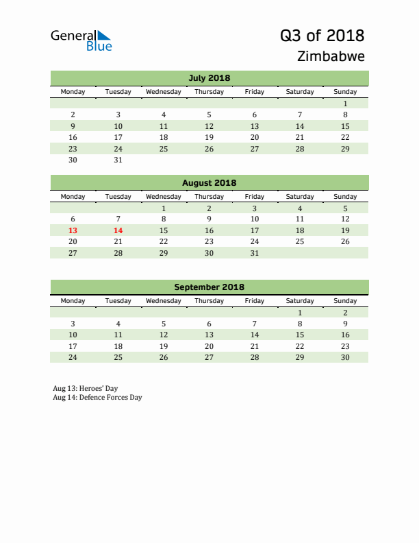 Quarterly Calendar 2018 with Zimbabwe Holidays