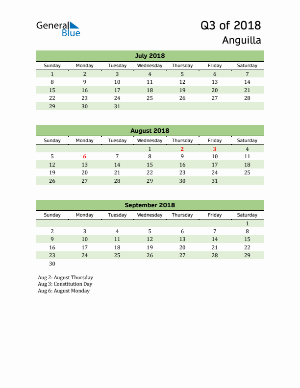 Quarterly Calendar 2018 with Anguilla Holidays