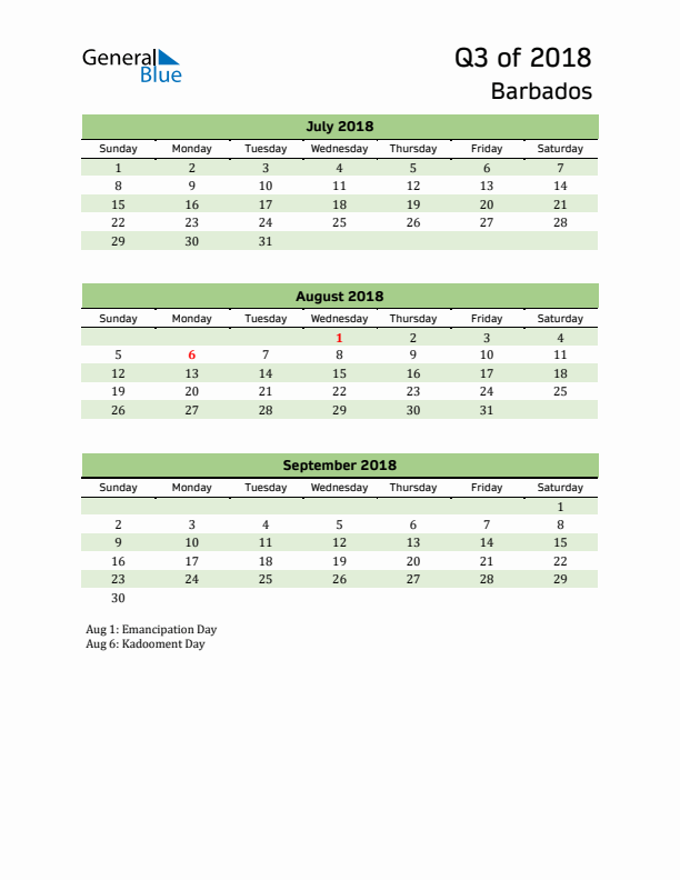 Quarterly Calendar 2018 with Barbados Holidays