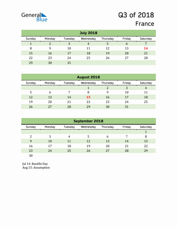 Quarterly Calendar 2018 with France Holidays