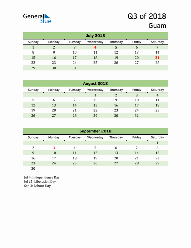 Quarterly Calendar 2018 with Guam Holidays
