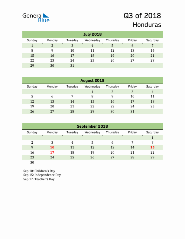 Quarterly Calendar 2018 with Honduras Holidays