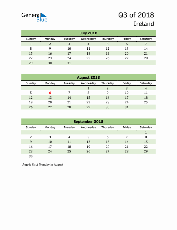 Quarterly Calendar 2018 with Ireland Holidays