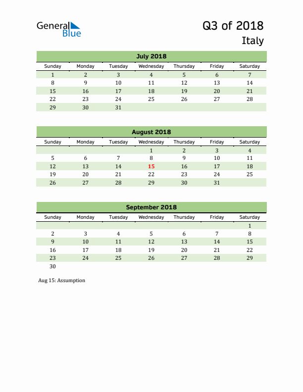 Quarterly Calendar 2018 with Italy Holidays