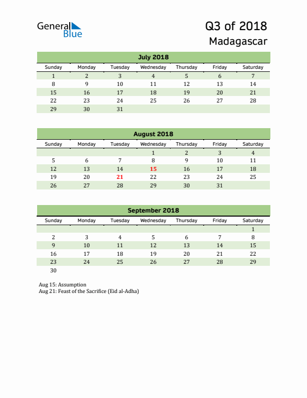 Quarterly Calendar 2018 with Madagascar Holidays
