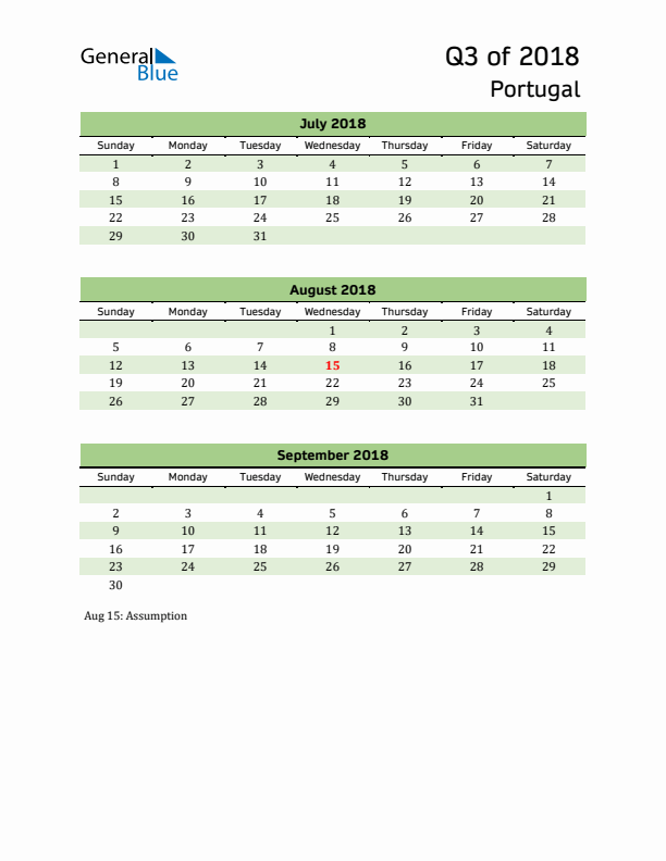 Quarterly Calendar 2018 with Portugal Holidays
