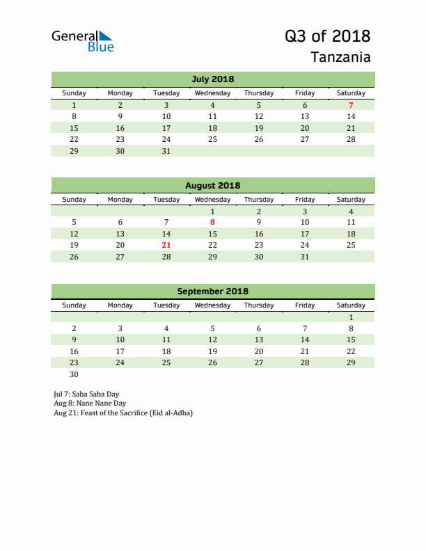 Quarterly Calendar 2018 with Tanzania Holidays
