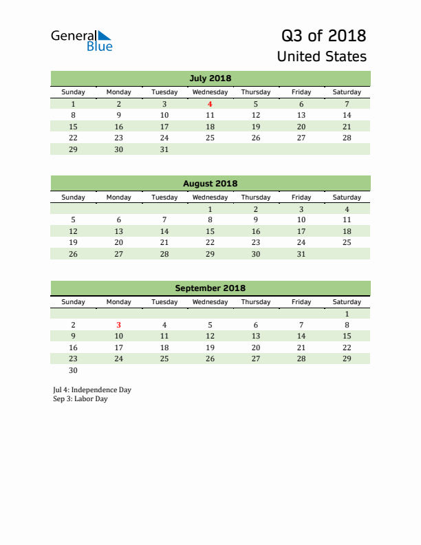 Quarterly Calendar 2018 with United States Holidays