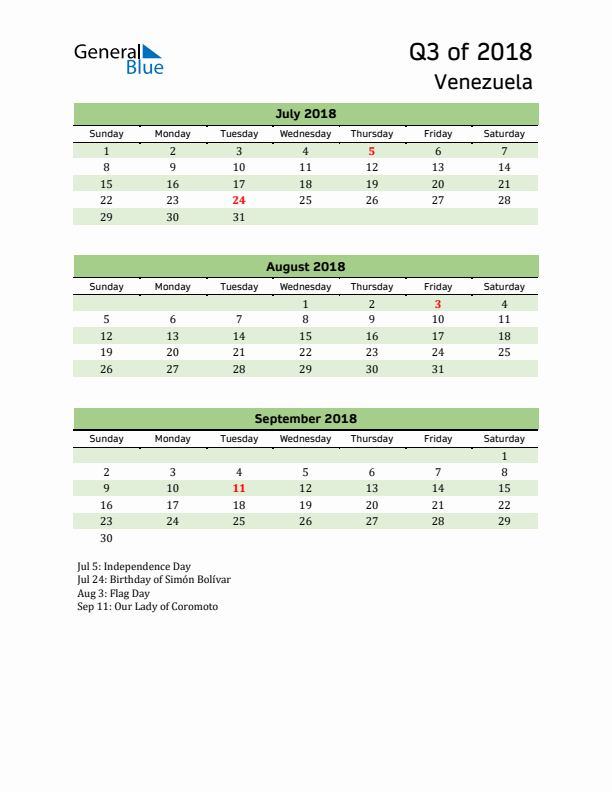 Quarterly Calendar 2018 with Venezuela Holidays