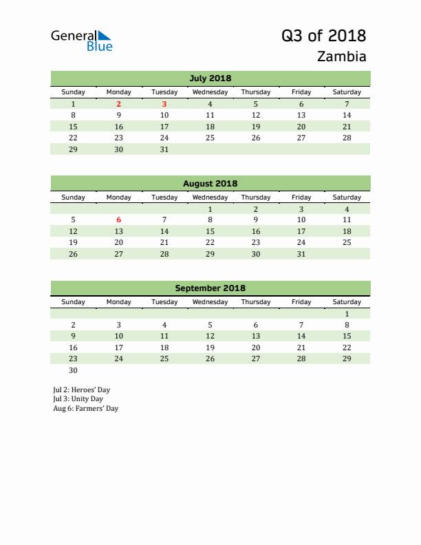 Quarterly Calendar 2018 with Zambia Holidays