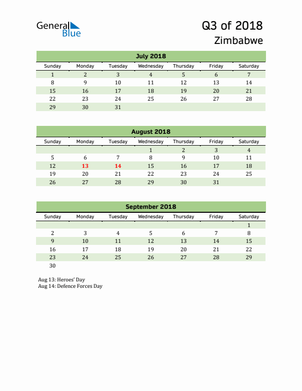 Quarterly Calendar 2018 with Zimbabwe Holidays