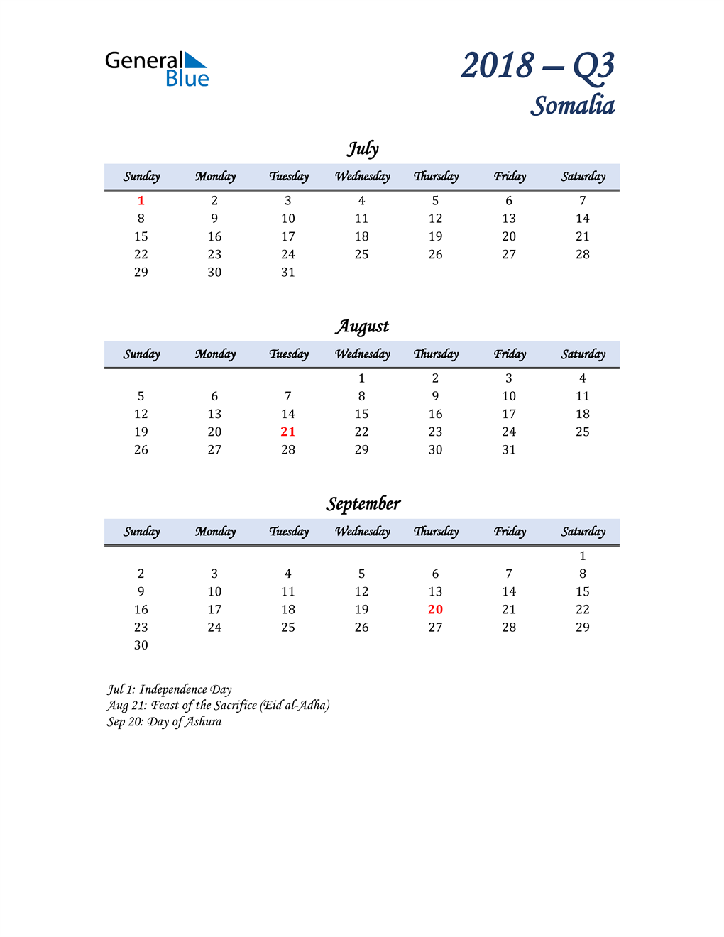  July, August, and September Calendar for Somalia