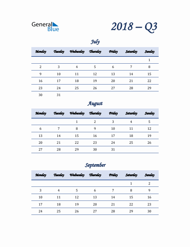 Monday Start 2018 Quarterly Calendar