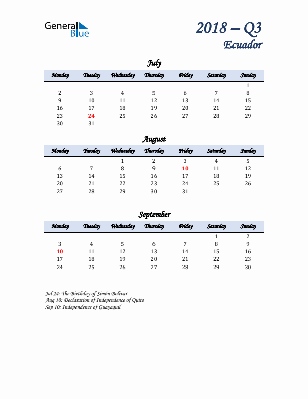 July, August, and September Calendar for Ecuador with Monday Start