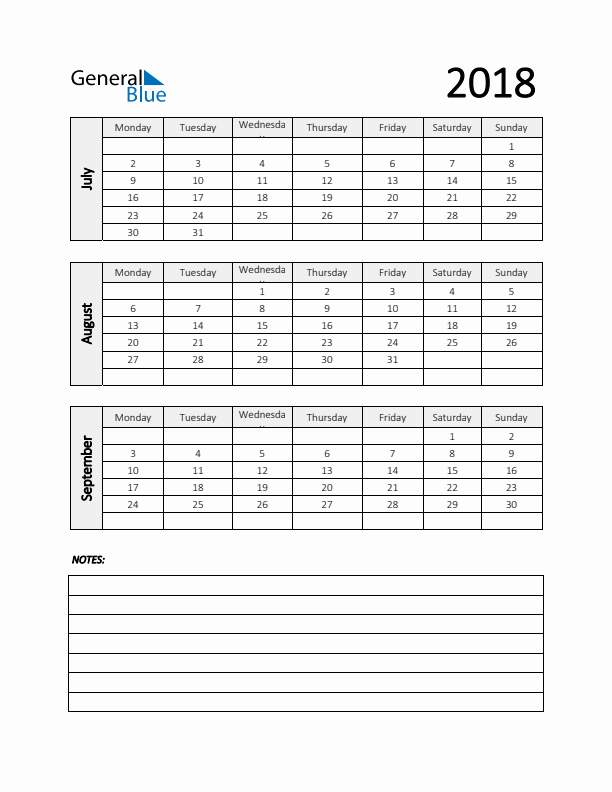 Q3 2018 Calendar with Notes