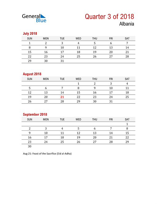 Printable Three Month Calendar for Albania