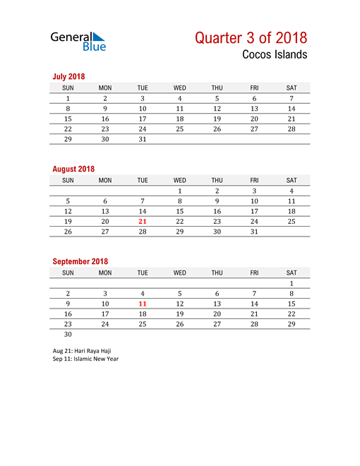  Printable Three Month Calendar for Cocos Islands