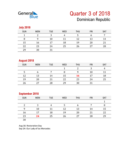  Printable Three Month Calendar for Dominican Republic