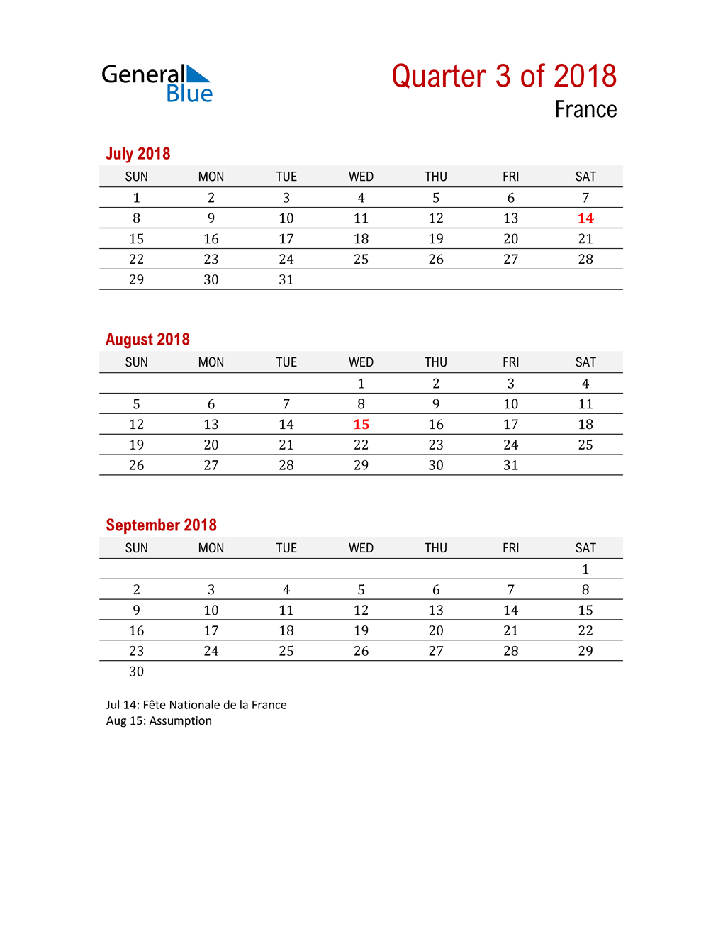  Printable Three Month Calendar for France