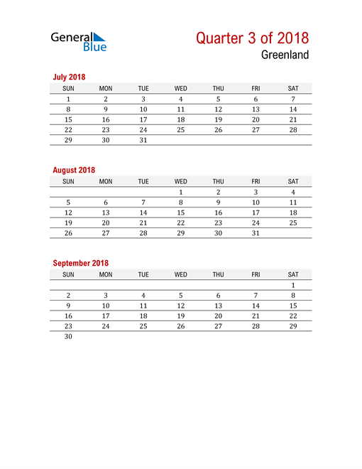  Printable Three Month Calendar for Greenland