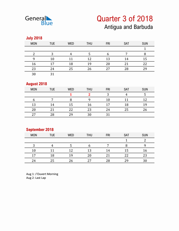 Printable Three Month Calendar with Antigua and Barbuda Holidays